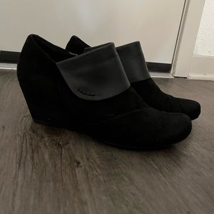 Clarks Black Wedge Boots with Fold-Over Strap